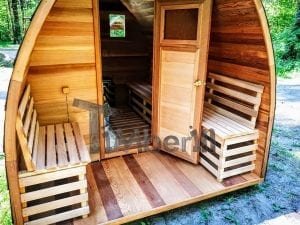 outdoor garden wooden sauna red cedar with electric heater and porch 7