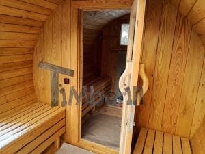 Barrel garden sauna with canopy terrace and electric heater 10