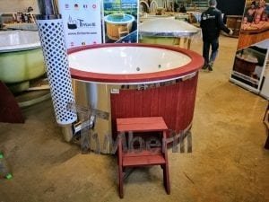 Fiberglass lined outdoor hot tub integrated heater with wood staining in red 21