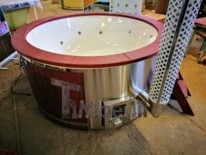 Fiberglass lined outdoor hot tub integrated heater with wood staining in red 25